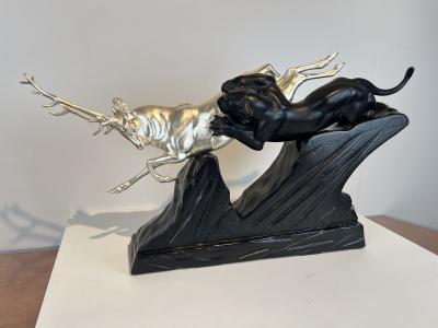 Art Deco Sculpture of a Deer and Panther by Rochard White Gold France c 1930