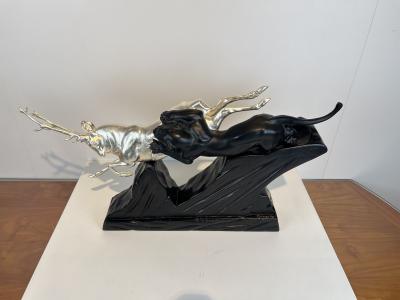 Art Deco Sculpture of a Deer and Panther by Rochard White Gold France c 1930