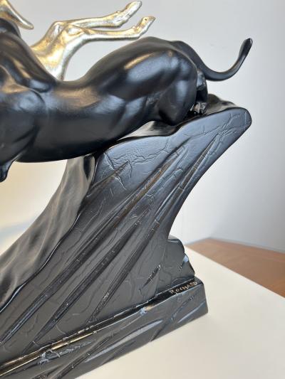 Art Deco Sculpture of a Deer and Panther by Rochard White Gold France c 1930