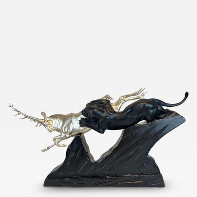 Art Deco Sculpture of a Deer and Panther by Rochard White Gold France c 1930