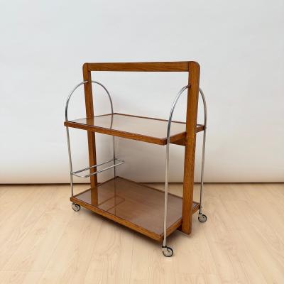 Art Deco Serving Trolley Oak wood Chrome and Glass France circa 1930