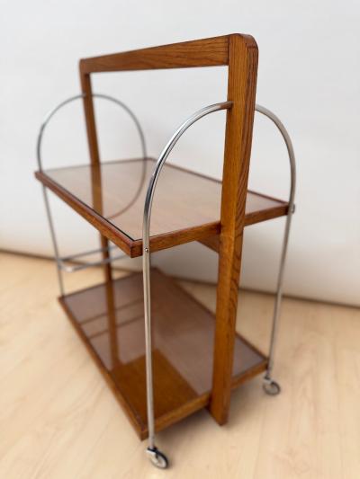 Art Deco Serving Trolley Oak wood Chrome and Glass France circa 1930