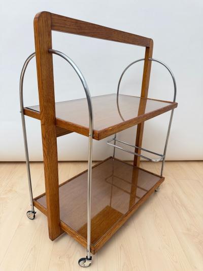 Art Deco Serving Trolley Oak wood Chrome and Glass France circa 1930