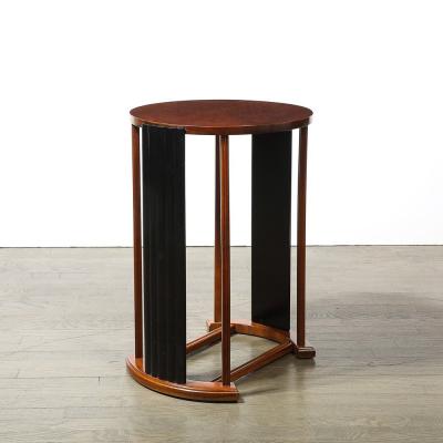 Art Deco Side Table in Book Matched Walnut Black Lacquer Fluted Supports