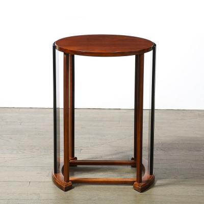 Art Deco Side Table in Book Matched Walnut Black Lacquer Fluted Supports