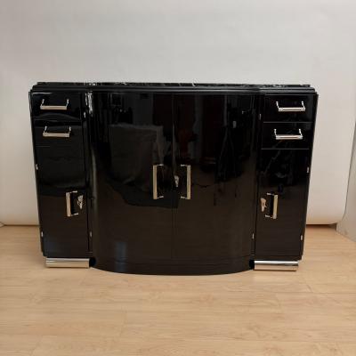 Art Deco Sideboard Black Lacquer Nickel Marble Mahogany France circa 1930
