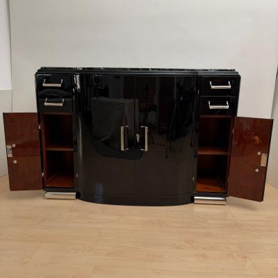 Art Deco Sideboard Black Lacquer Nickel Marble Mahogany France circa 1930