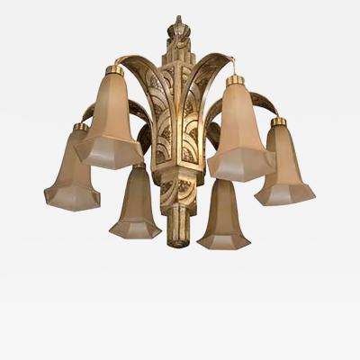 Art Deco Silvered Bronze Chandelier with Frosted Glass Shades