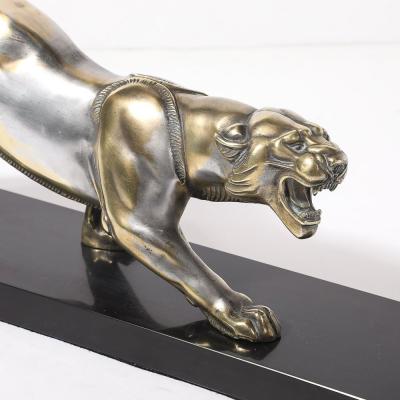 Art Deco Silvered Bronze Lion Sculpture on Black Marble Base