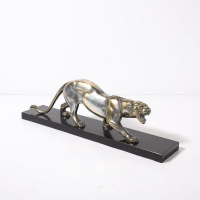 Art Deco Silvered Bronze Lion Sculpture on Black Marble Base