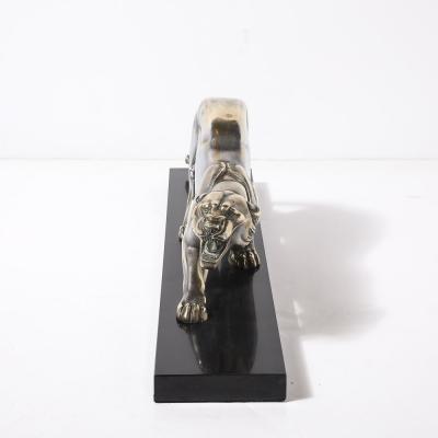 Art Deco Silvered Bronze Lion Sculpture on Black Marble Base