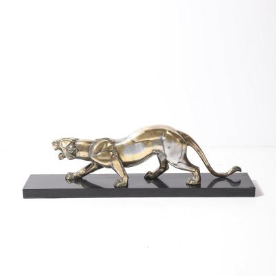 Art Deco Silvered Bronze Lion Sculpture on Black Marble Base