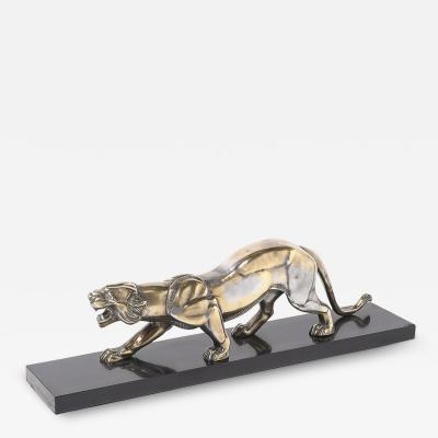Art Deco Silvered Bronze Lion Sculpture on Black Marble Base