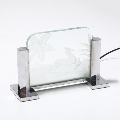 Art Deco Silvered Bronze Table Lamp with Reversed Etched Leaping Gazelle Motif