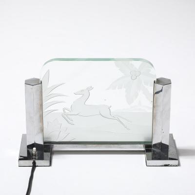 Art Deco Silvered Bronze Table Lamp with Reversed Etched Leaping Gazelle Motif