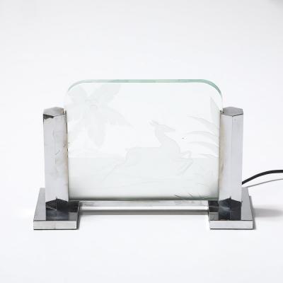 Art Deco Silvered Bronze Table Lamp with Reversed Etched Leaping Gazelle Motif