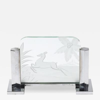 Art Deco Silvered Bronze Table Lamp with Reversed Etched Leaping Gazelle Motif