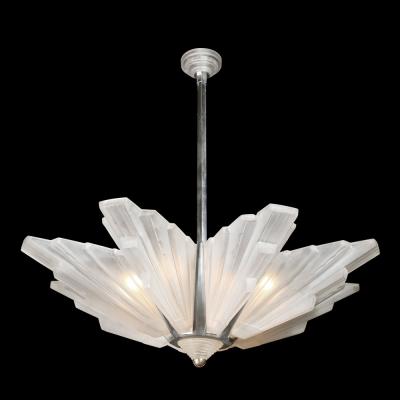 Art Deco Skyscraper Chandelier in Frosted Glass Satin Nickel Signed Sabino
