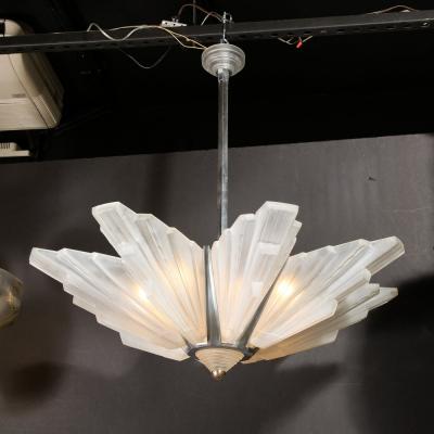 Art Deco Skyscraper Chandelier in Frosted Glass Satin Nickel Signed Sabino