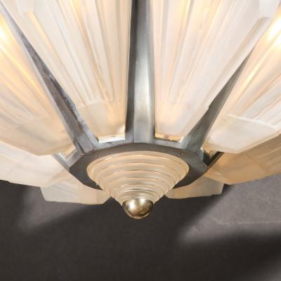 Art Deco Skyscraper Chandelier in Frosted Glass Satin Nickel Signed Sabino