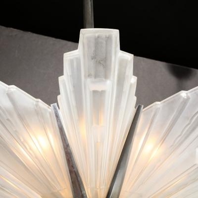 Art Deco Skyscraper Chandelier in Frosted Glass Satin Nickel Signed Sabino