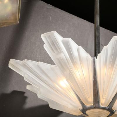 Art Deco Skyscraper Chandelier in Frosted Glass Satin Nickel Signed Sabino