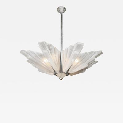 Art Deco Skyscraper Chandelier in Frosted Glass Satin Nickel Signed Sabino