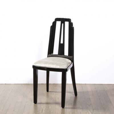 Art Deco Skyscraper Style Dining Chair in Black Lacquer and Smoked Pewter Velvet