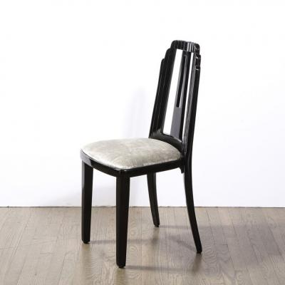 Art Deco Skyscraper Style Dining Chair in Black Lacquer and Smoked Pewter Velvet