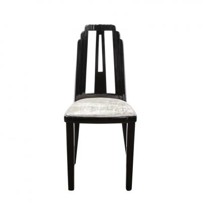 Art Deco Skyscraper Style Dining Chair in Black Lacquer and Smoked Pewter Velvet