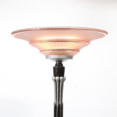 Art Deco Skyscraper Style Frosted Rose Glass Torchiere w Stylized Cubist Detail