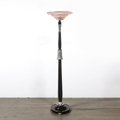 Art Deco Skyscraper Style Frosted Rose Glass Torchiere w Stylized Cubist Detail