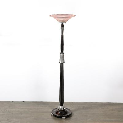 Art Deco Skyscraper Style Frosted Rose Glass Torchiere w Stylized Cubist Detail