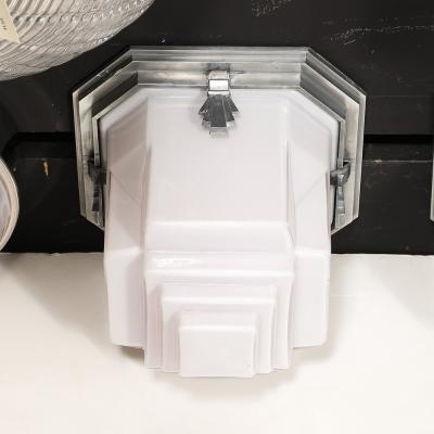 Art Deco Skyscraper Style Milk Glass Flush Mounts w Polished Aluminum Fittings