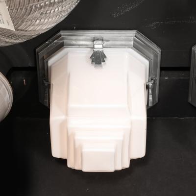 Art Deco Skyscraper Style Milk Glass Flush Mounts w Polished Aluminum Fittings