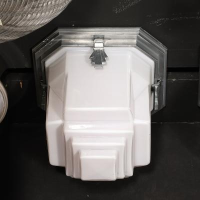 Art Deco Skyscraper Style Milk Glass Flush Mounts w Polished Aluminum Fittings