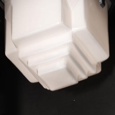 Art Deco Skyscraper Style Milk Glass Flush Mounts w Polished Aluminum Fittings