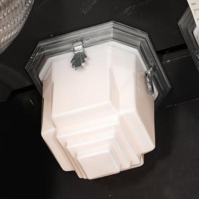 Art Deco Skyscraper Style Milk Glass Flush Mounts w Polished Aluminum Fittings