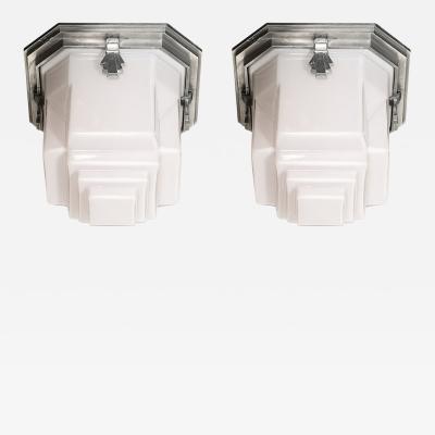 Art Deco Skyscraper Style Milk Glass Flush Mounts w Polished Aluminum Fittings