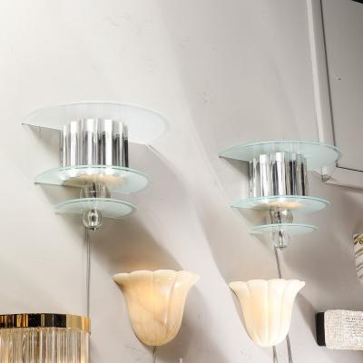 Art Deco Skyscraper Style Three Tier Frosted Glass and Polished Aluminum Sconces