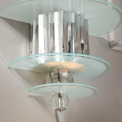 Art Deco Skyscraper Style Three Tier Frosted Glass and Polished Aluminum Sconces