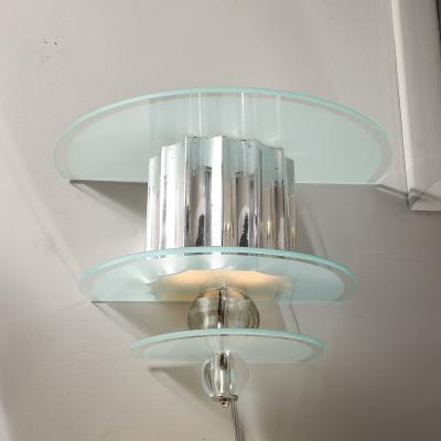 Art Deco Skyscraper Style Three Tier Frosted Glass and Polished Aluminum Sconces