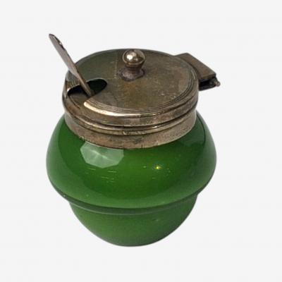 Art Deco Snuff or Cocaine Lidded Pot Green Art Glass Sterling Silver 1930s