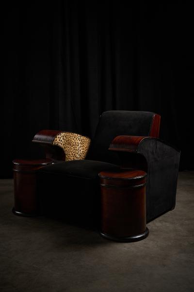 Art Deco Stained Wood and Velvet Seating Group with Leopard Print Accents