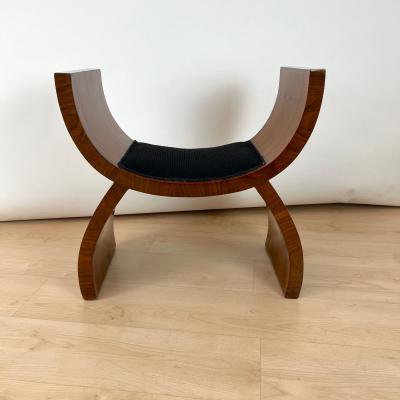 Art Deco Stool Walnut Veneer Black Fabric Italy circa 1930