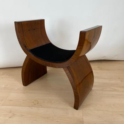 Art Deco Stool Walnut Veneer Black Fabric Italy circa 1930