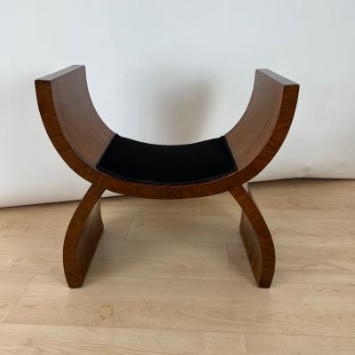Art Deco Stool Walnut Veneer Black Fabric Italy circa 1930