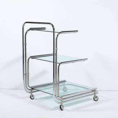 Art Deco Streamline Three Tier Chrome Glass Bar Cart W Removable Trays