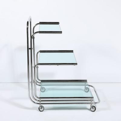 Art Deco Streamline Three Tier Chrome Glass Bar Cart W Removable Trays