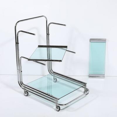 Art Deco Streamline Three Tier Chrome Glass Bar Cart W Removable Trays